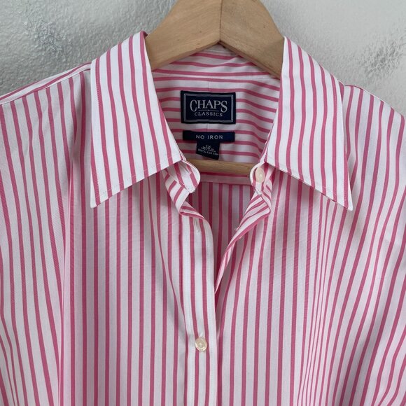Chaps Classics Womens Plus 1X Pink White Striped No Iron Cotton Button Up Shirt - Picture 6 of 8